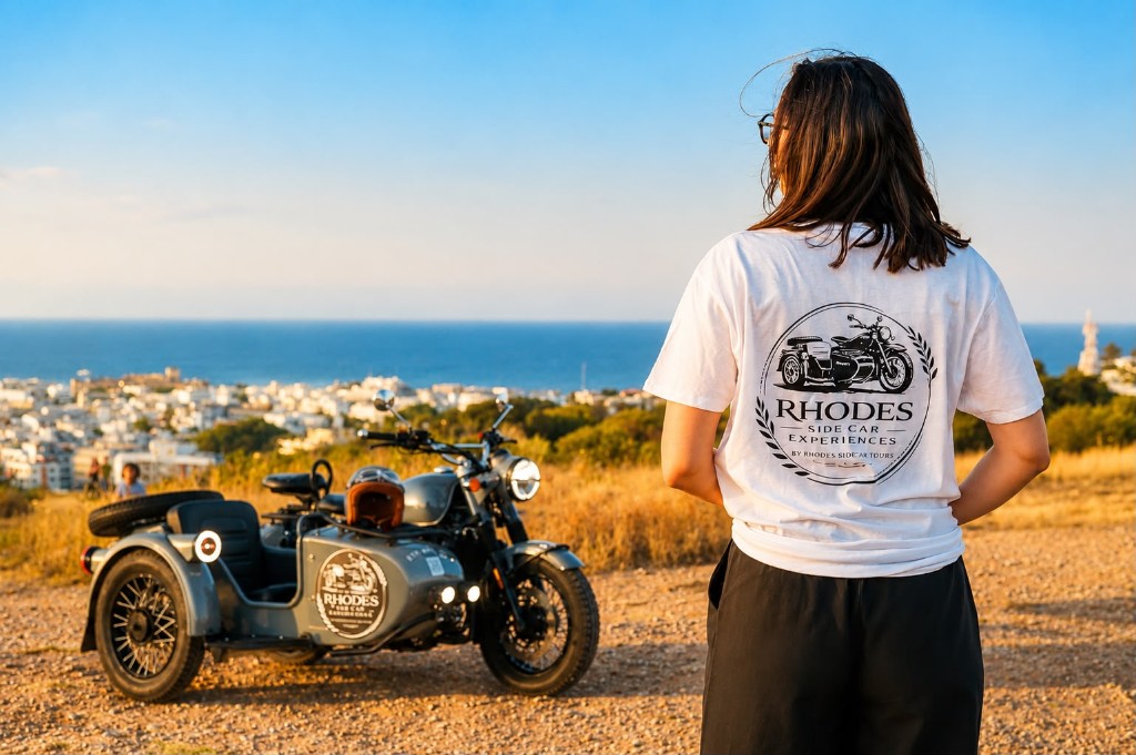 A guest in a Rhodes Sidecar Experiences t-shirt looking out over the island