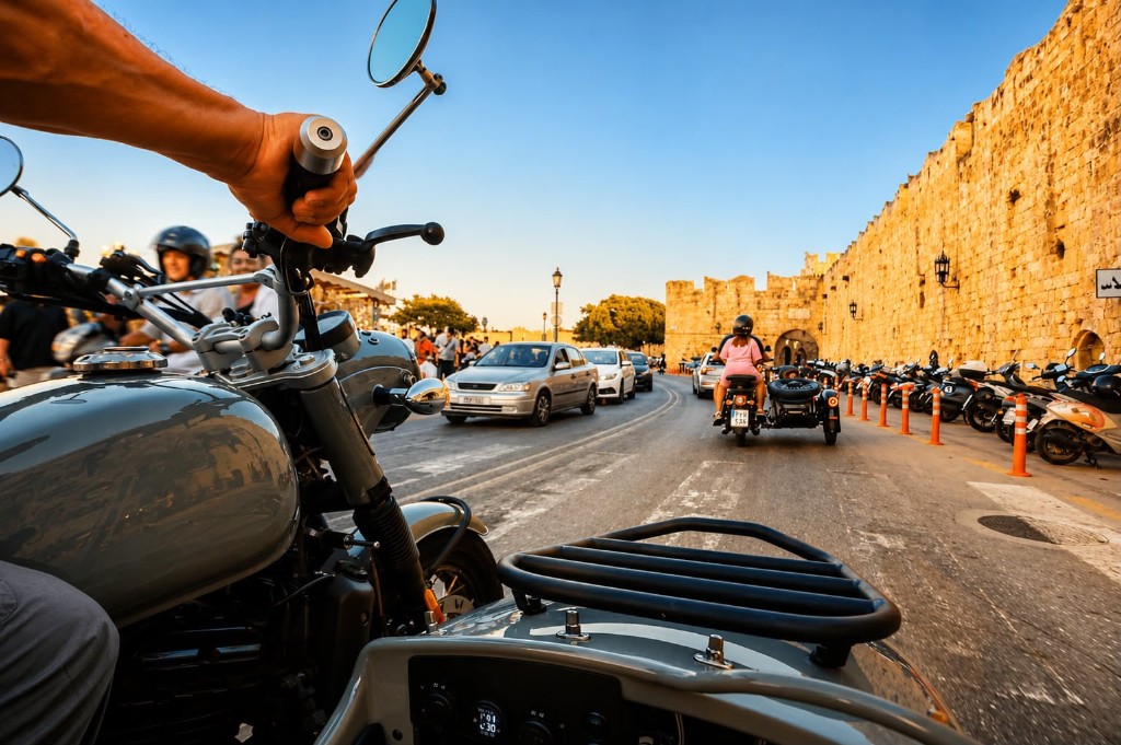 Riding alongside the honey-coloured city walls of Rhodes