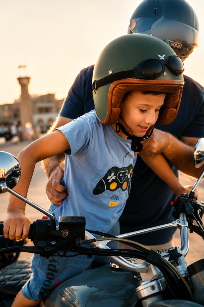 A child being helped into a vintage helmet before a sidecar ride in Rhodes