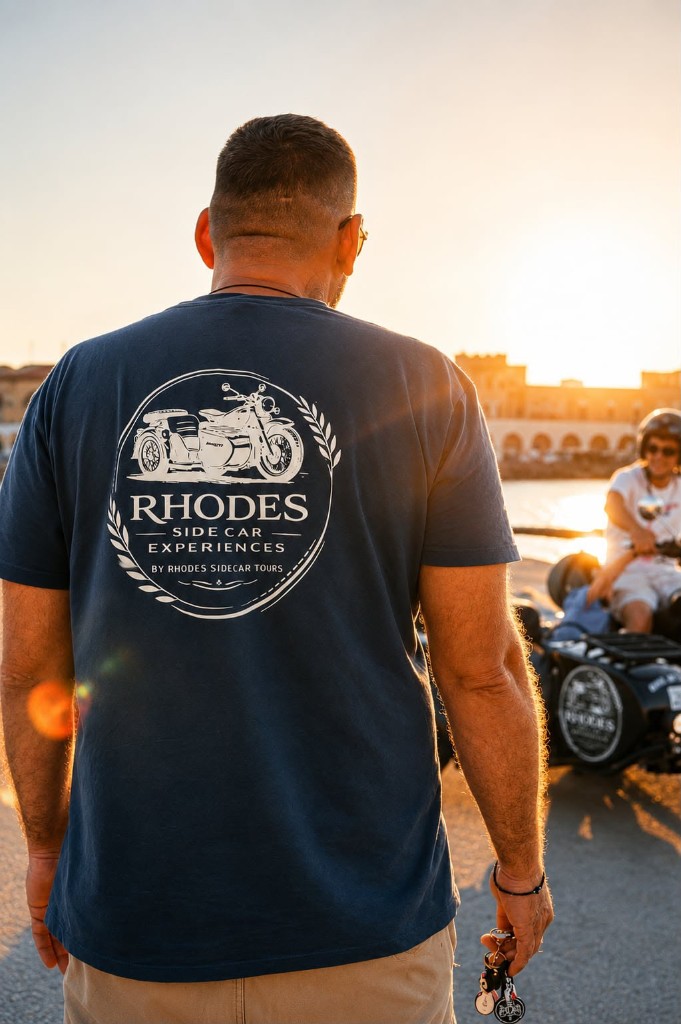 A guide in a Rhodes Sidecar Experiences t-shirt at Mandraki Harbour at sunset