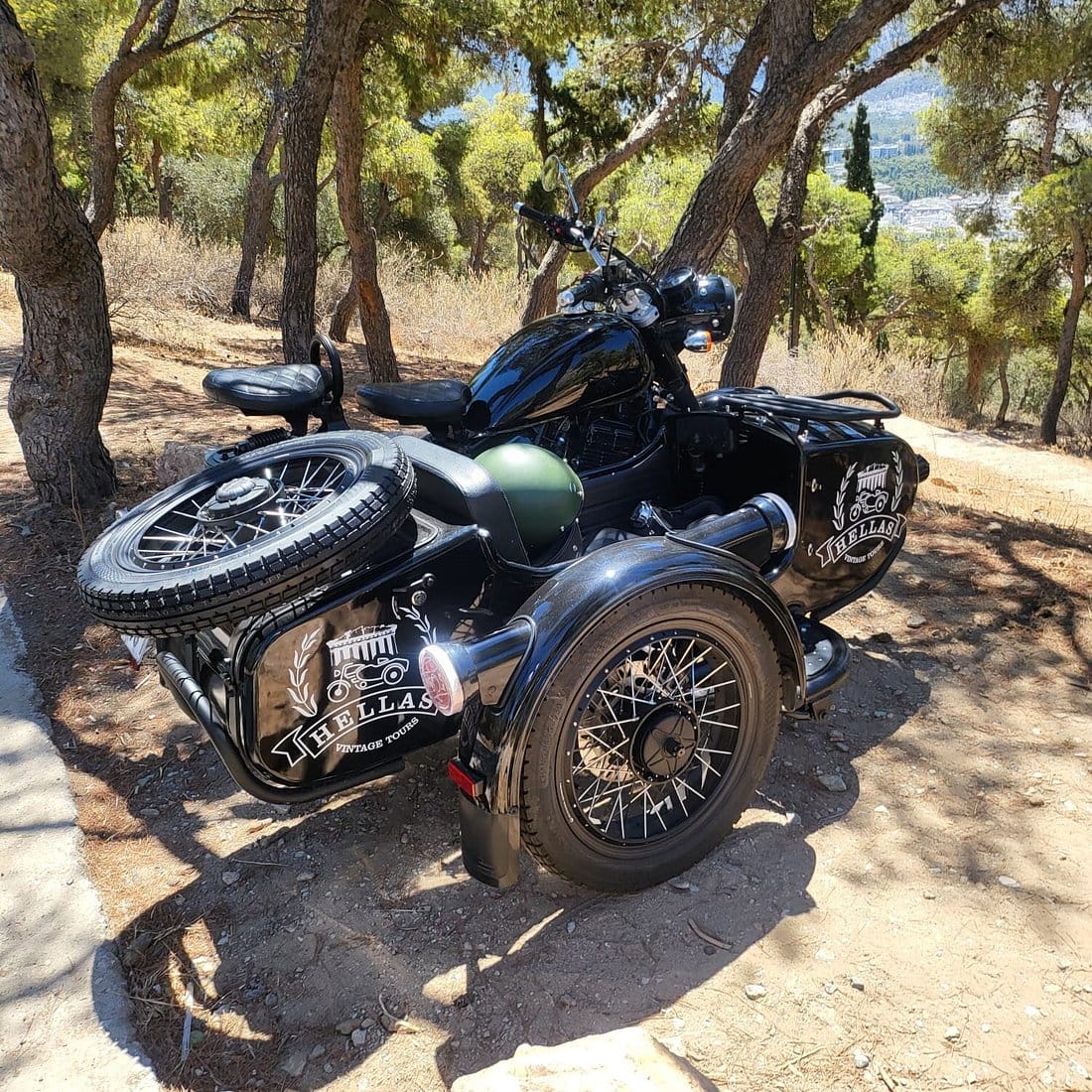 Beautifully maintained vintage sidecar parked under trees
