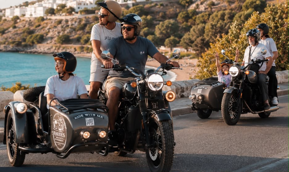 Full-Day Private Sidecar Tour to Lindos, vintage sidecar tour in Rhodes